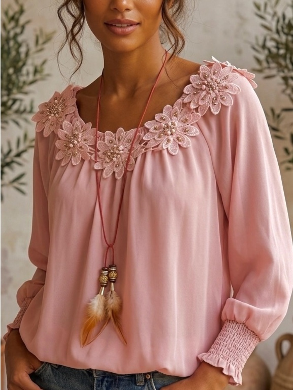 CASTINGS Pinkish Floral Appliqué Women’s Blouse